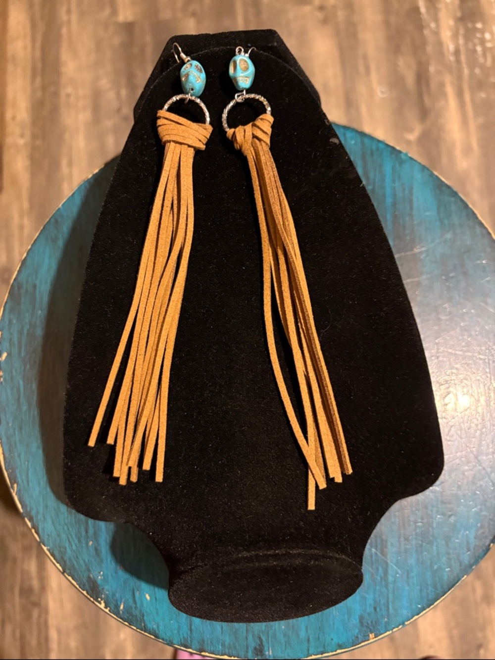 Turquoise Accent Tan Suede Fringe Earrings